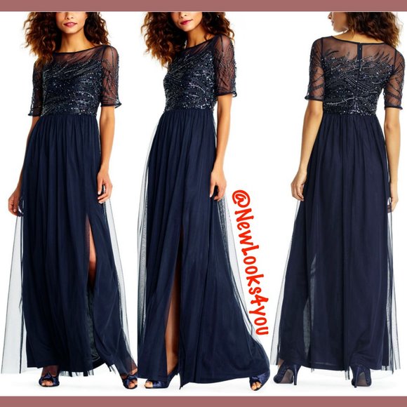 New Adrianna Papell beaded bodice mesh gown - Picture 2 of 8